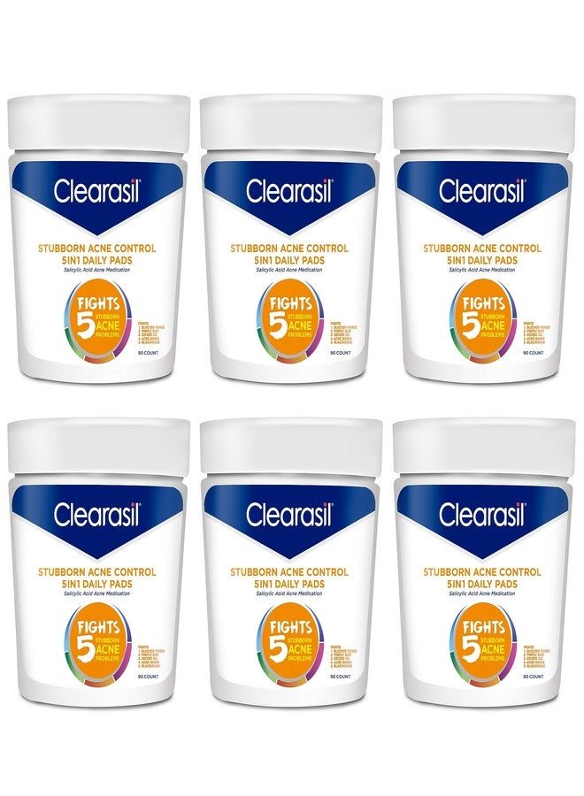 كليراسيل مناديل تنظيف الوجه اليومية Clearasil Stubborn Acne Control 5 في 1، مع دواء علاج حب الشباب بحمض الساليسيليك، 90 منديل (عبوة من 6 قطع) - Image 1